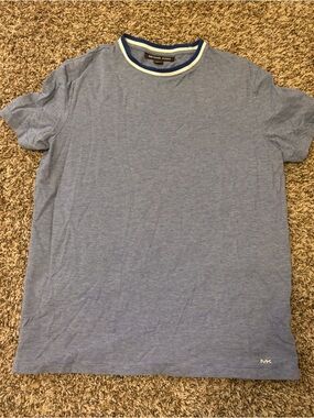 Michael Kors Men's Light Blue Striped Crew Neck T-Shirt with Contrast Trim